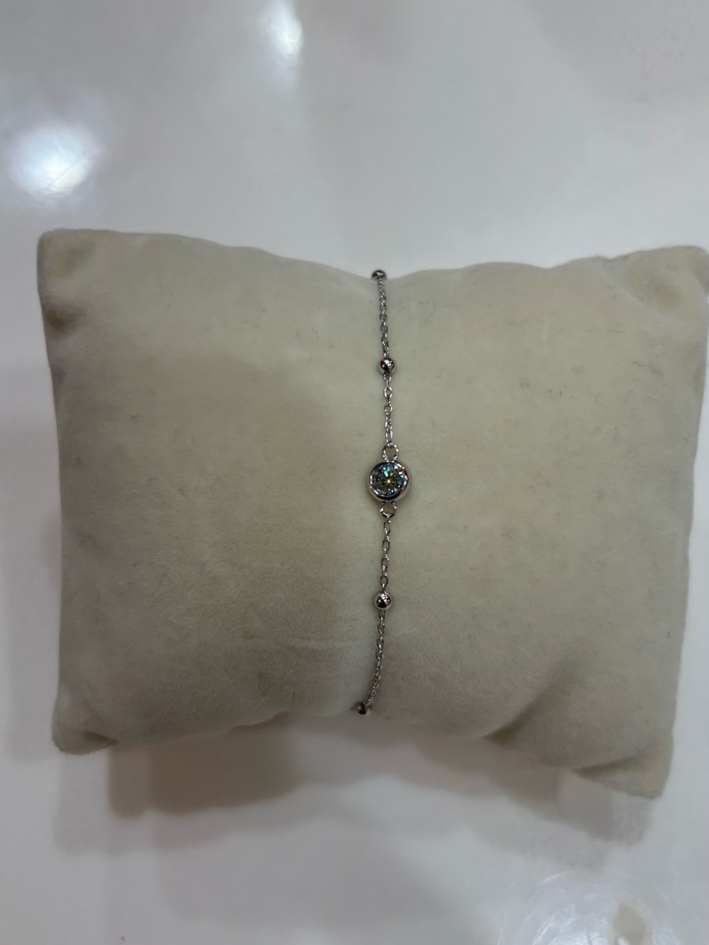 Sterling Silver Beaded Chain Bracelet with Cyan Moissanite in bezel setting
